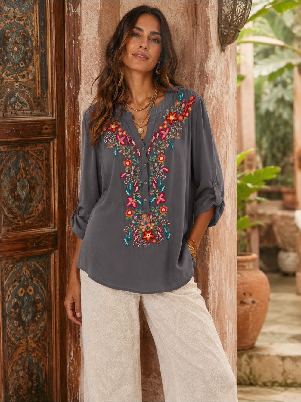 SOLITAIRE GRAY EMBROIDERED ROLL TAB SLEEVES BOHO WESTERN ROMANTIC TOP SZ XL - Picture 4 of 5